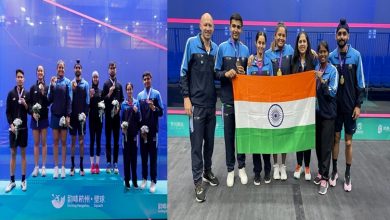 Photo of Sports Minister Anurag Singh Thakur congratulates Dipika Pallikal and Harinder Sandhu on their victory at 2023 Asian Squash Mixed Doubles Championships