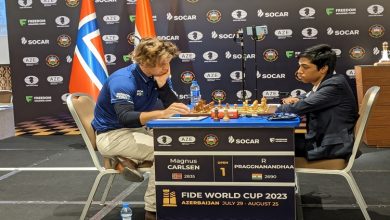 Photo of Indian Grandmaster Rameshbabu Praggnanandhaa and World No. 1 Magnus Carlsen ended in a draw after 35 moves, in Baku